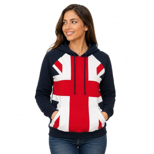 GWCC Ladies Union Jack Hoodie, British Flag Hooded Sweatshirt for Women & Girls, Lightweight Summer Pullover with Kangaroo Pocket, Red White & Navy UK Flag Top