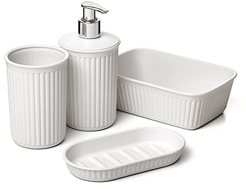 Tatay Set de 4pcs Sobremesa de Baño (Vaso + Dosificador + Jabonera + Organizador A6) Baobab, de Plástico, Libre de BPA, Blanco Pergamon