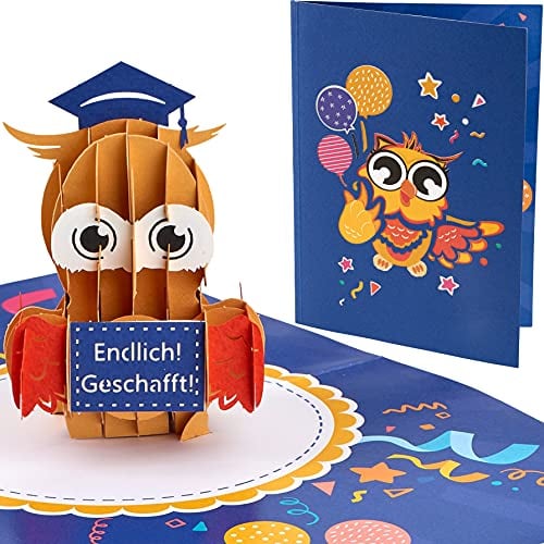 Liebessa® 3D Pop Up Karte - Eule mit Doktorhut - Endlich! Geschafft! Geschenk zum Abi, Bachelor, Master, Meister, Schulabschluss, Doktor, Uni, Abschlussprüfung (Farbig)