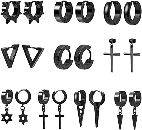 Thokono 10 Paare Kreuz Ohrringe für herren Damen Edelstahl, Allergiefrei Huggie Creolen Herren Ohrringe Set Ohrschmuck, Ohr Piercing Kreuz Scharnier Ohrhänger Schwarz