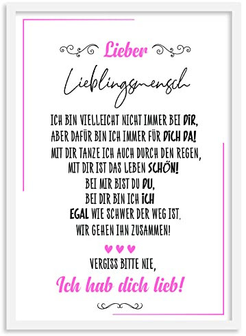 Urhome Kunstdruck Lieblingsmensch mit Bilderrahmen Weiß in DIN A5 - Ich hab dich lieb Wandbild Poster Wanddeko mit Spruch für Wohnung Familie Freunde Geschenk Geburtstag