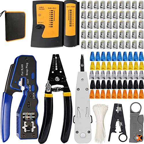 MAYLINEE CAT5 CAT6 RJ45 Kit de herramientas de crimpado para cables de red RJ45 para pasar conectores de paso RJ11 TJ12 pelacables alicates de corte de alambre 50 Conectores (Naranja)