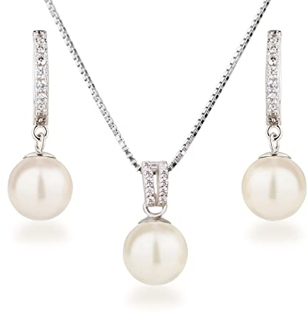 Schöner-SD Perlenset Halskette Creolen-Ohrringe 925 Silber Rhodium creme