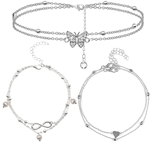 3 Stück Fußkettchen Damen, Boho Fußkettchen Set Strand Fußkettchen Modeschmuck Verstellbare Fußkette Geschichtete Fußkettchen Doppelt Wasserfestes Fußkettchen Zweireihige Fußkette für Frauen Mädchen
