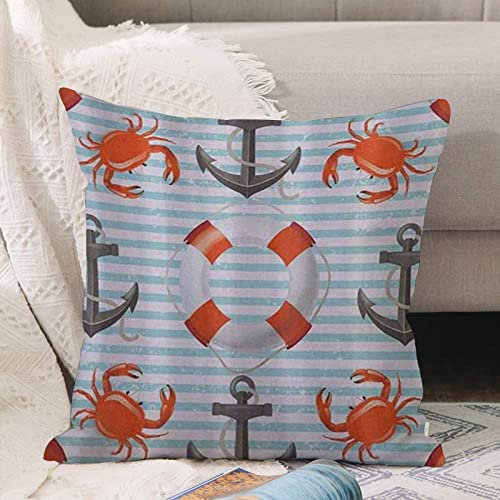 Kissenbezug 45x45 cm,Nautische Rettungsringe Anker und Seile Ozeankrabben Küstenthema Aquam,Outdoor Kissen Kissenbezüge Kissenhülle Sofa Kissen dekokissen Zierkissen für Wohnzimmer Garten deko draußen
