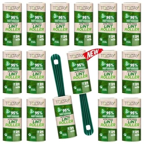 Today Eco - Rouleau adhesif Vetement 16 Rouleaux avec Couvercle + 2 Brosses. Plastique 95% de Matériaux Recyclés. Brosse Anti Poil Animaux