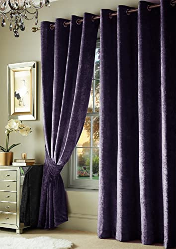 Roseley Crushed Velvet Curtains Eyelet Ring Top Fully Lined For Living Room Kitchen Bedroom 2 Panels Tiebacks Included (Violet Black, 90 x 90'')