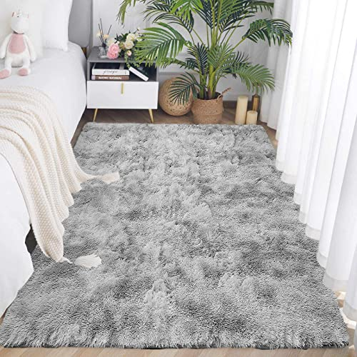 ASIinnsy Hochflor Teppich Wohnzimmer Flauschig Shaggy Weich Modern Grau Teppich Schlafzimmer Kinderzimmer Deko Langflor Teppiche Groß rutschfest Plüsch-Teppiche (Grau Weiß, 80 x 200 cm)