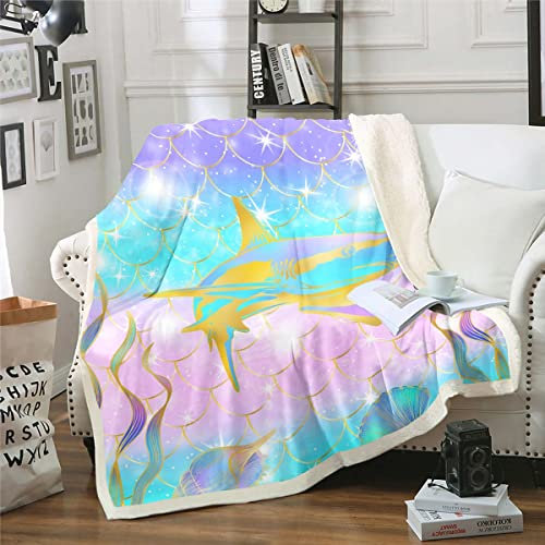 Hai Werfen Decke für Jungen, Teal Rosa Fleece Decke 75x100cm Fisch Schuppen Fuzzy Decke, Regenbogen Girly Meerjungfrau Skalen Sherpa Decke Ozean Leben Küste Kreatur Plüsch Bett Decke für Bett Couch