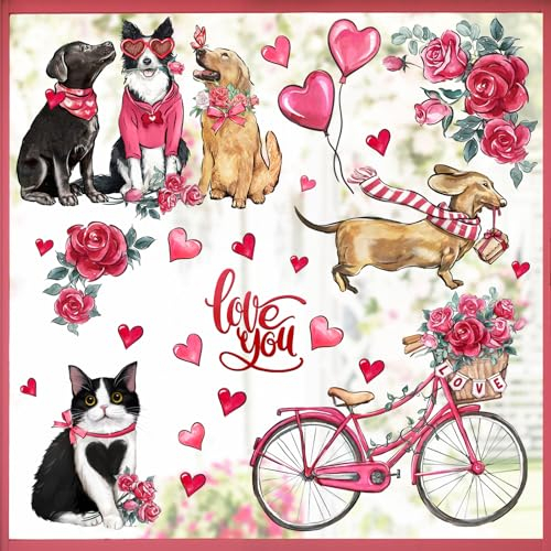 Mfault 101 Stück Valentinstag-Fensteraufkleber, 4 Bögen, Love You, Hunde, Katzen, Valentinstags-Wandaufkleber, Dekorationen, Welpen, Kätzchen, Rosa, Herzen, Rose, Fahrrad, Jahrestag, Wohnzimmer,