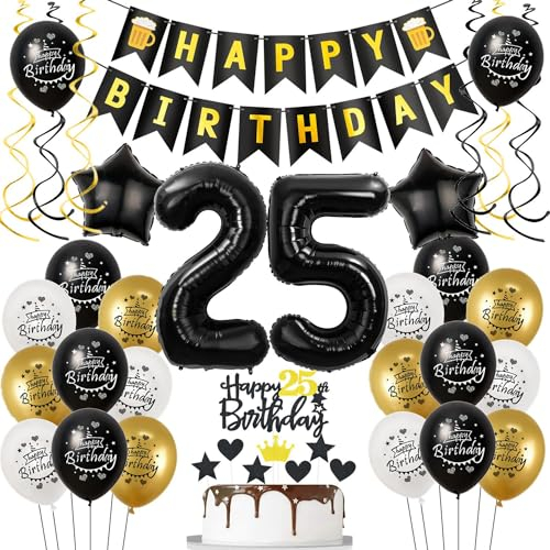Luftballons 25. Geburtstag Schwarz Golden, Geburtstagsdeko 25 Jahre Mann Frauen, Ballon 25. Geburtstag, Folienballon Zahl 25, deko 25. geburtstag Frauen, Schwarz Tortendeko 25 Mann Deko