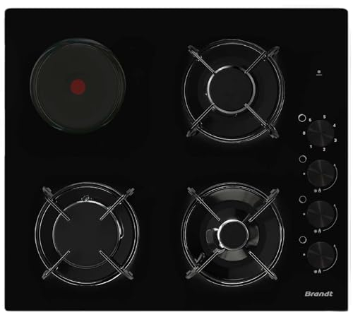 BRANDT Plaque mixte BPE3411BM, 3 gaz + 1 électrique, Surface émail