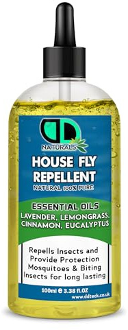 DD Teck Effective House Fly Insect Repellent for Indoor & Outdoor Use | Plant Based Essential Oil Blend | Repels Flies, Fleas & Mosquitoes | Long-Lasting | Family & Pet Safe (100ml Clear Dropper)