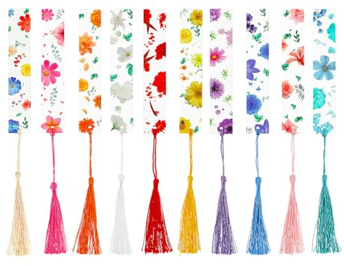 10 Stück Blumen-Harz-Lesezeichen mit bunten Quasten, Mabor Transparentes Acryl-Lesezeichen Niedliche Lesezeichen Gepresste Blume Lesezeichen für Mädchen Leser, Lehrer, Studenten Lesegeschenke