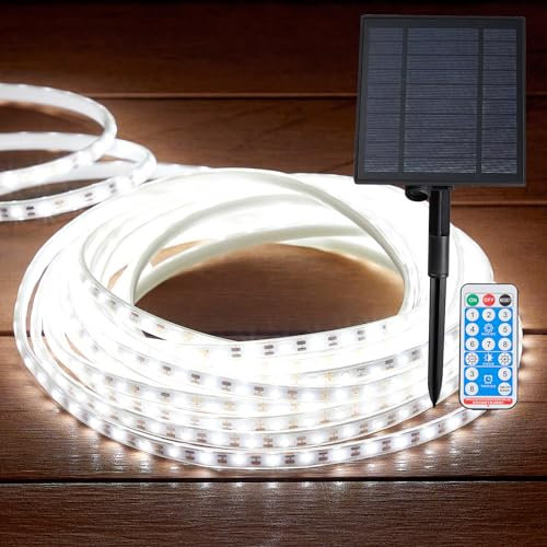 LUHLEE Solar LED Strip Lights, Upgrade Outdoor Rope Lights 8 Lighting Modes,IP65 Waterproof String Lights for Patio Yard Deck Porch Balcony Garden (White, 32.8 ft)