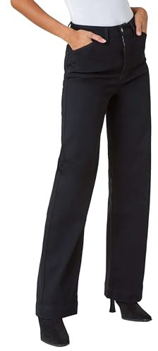 Roman Originals Wide Leg Jeans for Women UK Ladies Denim Trousers Palazzo Pants Jeggings Stretchy Cotton Summer Winter Smart Office Work Party Flattering Bottoms - Black - Size 10