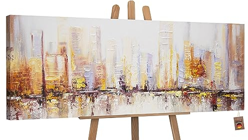 YS-Art Abstrakt Stil Acryl Gemälde auf Leinwand Megapolis Großstadt handgemalt Wandbilder Wohnzimmer modern Wohndekor Bilder Büro echte Kunstwerke gerahmt 180x60 cm
