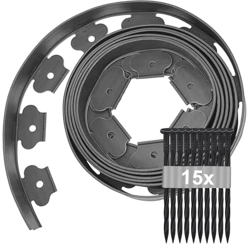 Bordura per Giardino 5m × 5cm, Bordatura per Aiuole con 15 Picchetti, Bordo per Aiuole Giardino Plastica, Bordatura Flessibile per Prato, Bordatura per Paesaggio Resistente Alle Intemperie (Grigio)