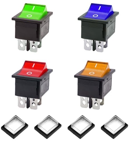 JINXIAN 4 Pezzi Interruttore 12V Impermeabile Interruttore Bilanciere 250V 16A Rocker Switch 4 Pin con Copertura Impermeabile per Prodotti Elettrici Vari(Rossa/Verde/Gialla/Blu)