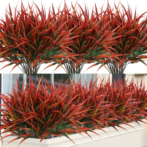 ASTNIC 8 Stück Künstliche Pflanzen Outdoor 40cm Kunstpflanze Gras Wetterfeste wie Echt, Kunstplastikpflanzen Sträucher für Frühjahr Zuhause Fenster Garten Terrasse Weg Veranda Dekoration (Rot)