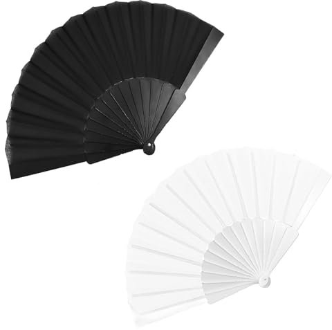 2 Pcs Folding Hand Fan Set, Hand Fan Folding, Silk Fabric Plastic Ribs Handheld Fan, Folding Fans Handheld for Women Dancing Cosplay Props Wedding Summer Party Decorations Gift(Black+White)