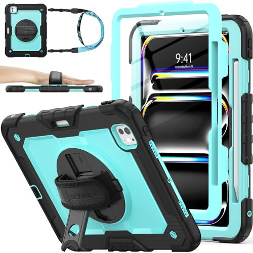 SEYMAC stock Hülle für iPad Pro 11 Zoll (M4) 5. Generation 2024, Stoßfeste Schutzhülle mit Stifthalter, Displayschutzfolie, 360° Drehbarer Ständer/Handschlaufe, Schultergurt, Hellblau