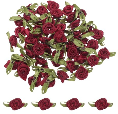 sourcing map 50 mini rose in nastro rosso vino, 1,5 x 4,5 cm, per artigianato, piccoli fiocchi di raso, rose artificiali