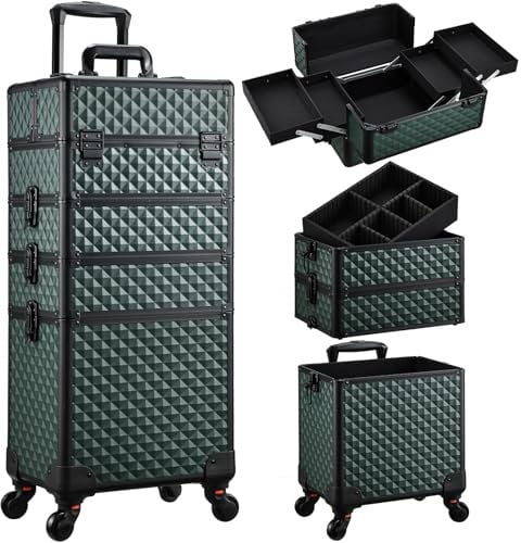 Kosmetikkoffer Trolley 4-in-1 Kosmetikkoffer Groß Kosmetik Trolley Make up Koffer Schminkkoffer mit Rollen Friseurkoffer Alu Beauty Case Nagelkoffer Multikoffer, Dunkelgrün