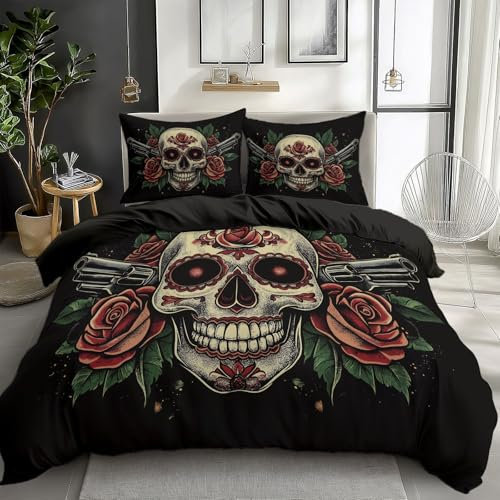 Printed Duvet Cover Bedding Set King Size, Floral Skull With Roses And Guns Pattern, Soft Quilt Cover for Kids Girls Women, Black Theme, with 2 Pillow Cases