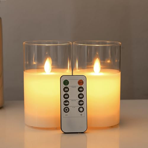 FiiMoo 2 Stück LED Kerzen, Batteriekerzen, Batteriebetriebenes Kerzen, Halloween Kerzen, Weiß Glas Flammenlose Kerzen, LED Kerzen mit Fernbedienung, Festliche Kerzen, Flackernde Flamme Kerzen-15cm