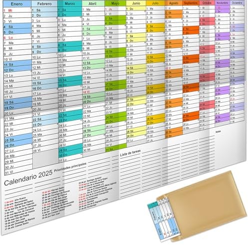 AEYAKA Wandkalender 2025, großer Jahreskalender, A1-Planer mit Feiertagsübersicht, Wochenkalender, gefalteter Kalender, 57 cm x 87 cm, Spanisch