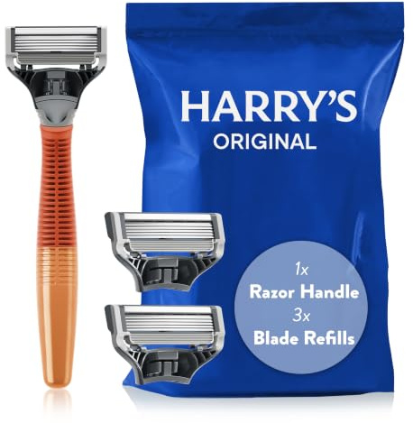 Harry's Original Starter Set; Includes Orange Weighted Handle and 3 German Engineered Razor Blade Refills