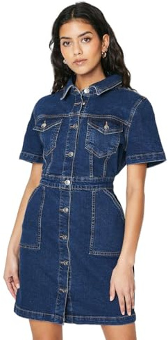 Dorothy Perkins Petite Denim Short Sleeve Mini Dress, 10, Indigo