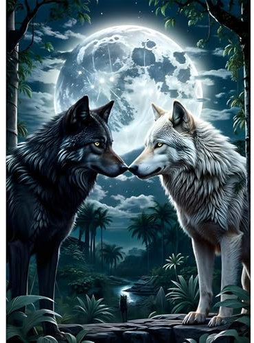 Jawecci Mond Diamond Painting Erwachsene, 5D Wolf Diamant Painting Bilder Erwachsene Anfänger, DIY Runde Steine Diamant Kunst Set Diamant Malerei Kinder für Home Dekor 30x40cm