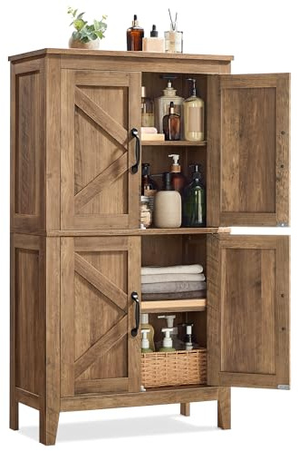 VASAGLE LIRY Collection - Farmhouse Storage Cabinet, Bathroom Floor Cabinet with Barn Doors, Freestanding Kitchen Pantry, Adjustable Shelves, for Dining Room, Living Room, Honey Brown, UBBK773K01