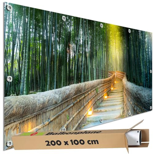TRIOSK Sichtschutz Balkon Deko Plane Balkonblende Blickdicht mit Motiv Bambus Lichterweg Bambuswald für Garten Terrasse Gartenzaun Balkonverkleidung Blickschutz PVC groß 200x100 cm