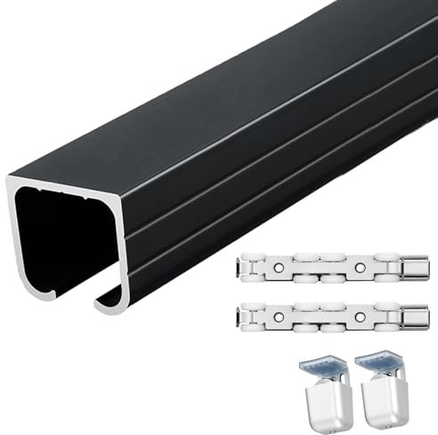 Sliding Door Kit - 6.7ft Black Track Rail Hardware for Shower & Closet Includes Wheels Ceiling & Wall Mount Fits Invisible Pocket Doors (205cm)