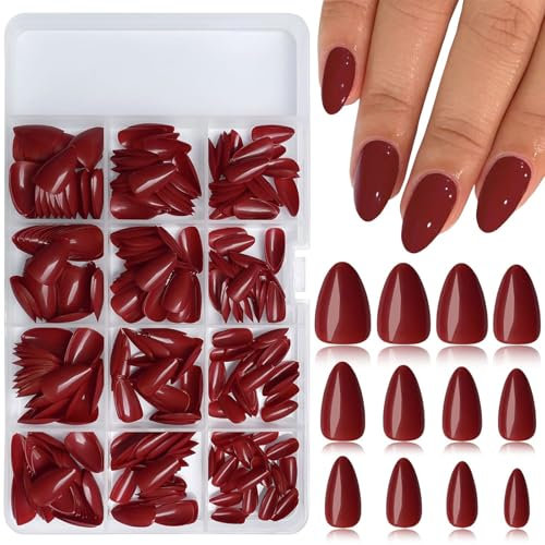 LunarCharm Lot de 240 faux ongles courts en acrylique, en forme d'amande, bordeaux, en forme d'amande, faux ongles courts