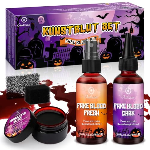 Oukzon Kunstblut Halloween, 60ml Kunstblut Spray + 60ml Tropfendes Kunstblut + 30g Wundschorf Kunstblut, Realistisch Abwaschbar Sicher für Zombies, Vampire, Monster, Cosplay
