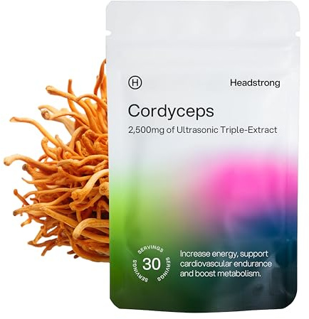 Headstrong Cordyceps Mushroom Capsules, 90% Active Compound Yield, Ultrasonic Triple-Extract Powder, 30 Day Supply, 2,500mg per Capsule.