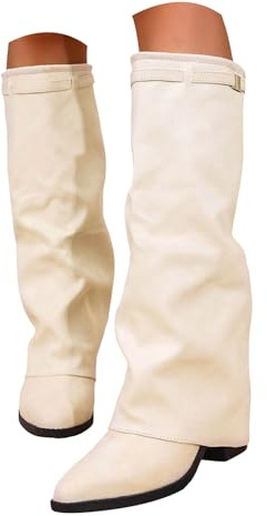 Xbemkste Stivali da donna medio-alti con tacco elegante con punta in pizzo Stivali lunghi Stivali invernali da donna alti al ginocchio, beige., 37.5 EU