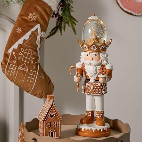 New Stunning Gingerbread Musical Nutcracker with Animated Snowglobe And Rotating, Snow-Swirled Globe On its Head 45cm.LED Lights, Plays 8 Christmas Songs, Festive Holiday Decor-G78