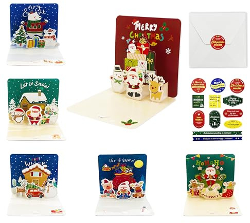 Xcdhemde® 6 Stück 3D Weihnachtskarten mit Umschlag | Pop Up Karte Weihnachten Unterschiedlichen, Klappkarte, Christmas, Weihnachtsgrußkarten Cards für Kinder Freunde Familie