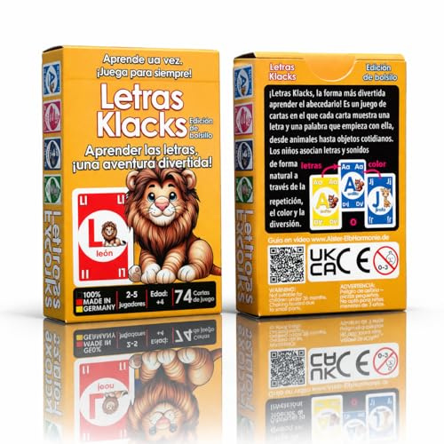 Alster- und ElbHarmonie Letras Klacks Spanisches Alphabet-Kartenspiel, Lernspiel für Kinder ab 4 Jahre, Reisespiel im Taschenformat, 74 Spielkarten, Made in Germany