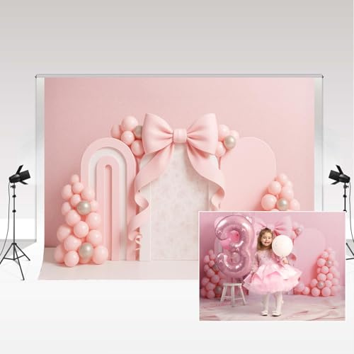 Kate Pink Bow Photography Backdrop 2.2x1.5m/7x5ft Microfiber Balloon Arch Girl 1st Birthday Party Decor Props Kids Cake Smash Backdrops for Photo Studio