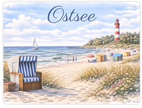 Strandszene Ostsee Metallschild XL in 21x28 cm mit Leuchtturm und Strandkorb Lustiges Deko-Blechschild für maritimes Flair