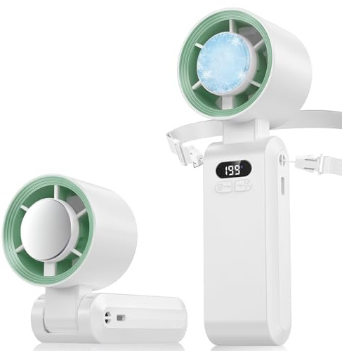 Mini ventilatore portatile a mano,Funzione di raffreddamento,5000 mAh,Flusso d'aria potente di 10 m/s(1-199 velocità),Ventilatore da collo pieghevole USB per campeggio,Viaggi,Casa,Ufficio (bianca)