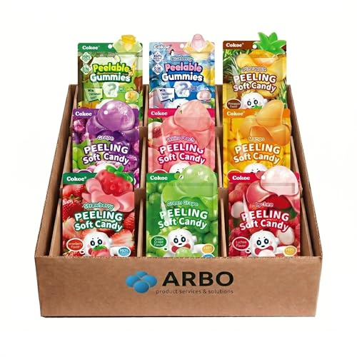 Cokoc Peeling Candy | 9er Mix-Pack | Schälbare Fruchtgummis | Halal | 0 Fat | 50% Echter Fruchtsaft | Mango, Lychee, Grape & mehr | 3D Süßigkeiten | Viraler Asia Snack | 645g