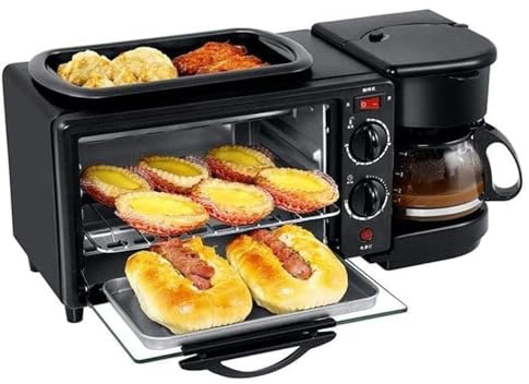 3 in 1 Multifunktions-Frühstückszubereiter, Mini Backofen und Antihaft-Bratpfanne, 9 L Mini Ofen, 30-Minuten-Timer, 100–230°C, Frühstücksset für Toast, Sandwiches, Kuchen und Steaks