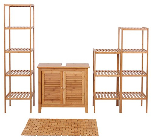 Set Complet de Salle de Bains HWC-B18, Meuble Armoires Étagères Bambou